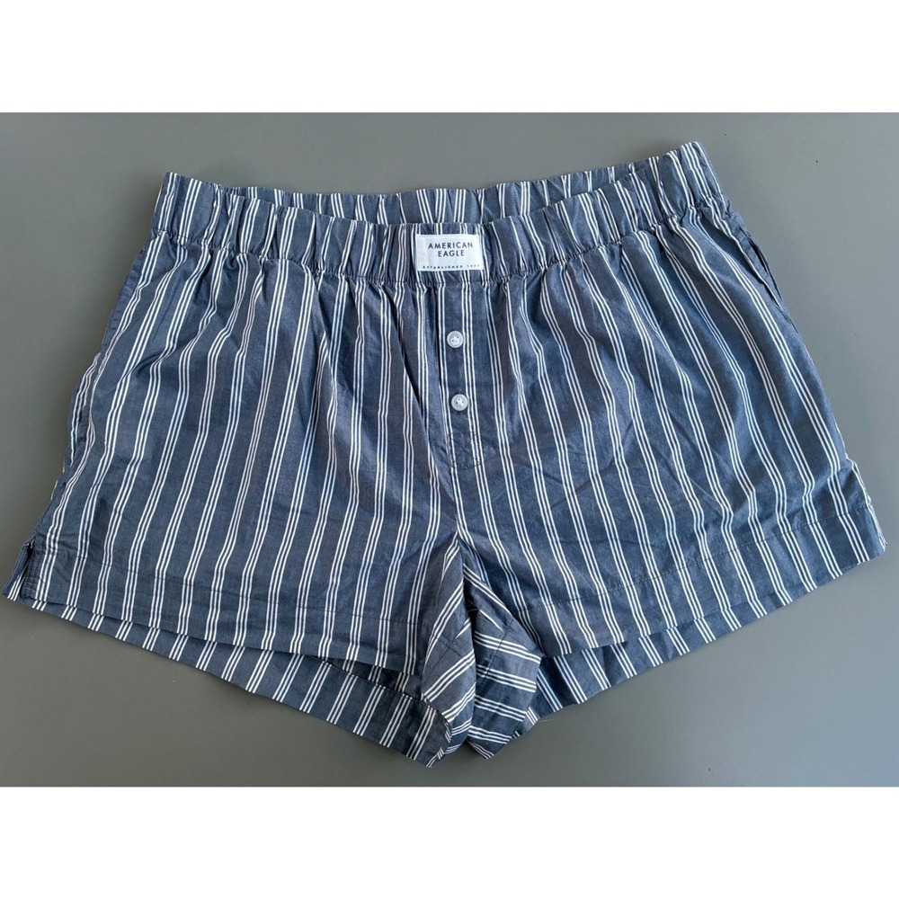American Eagle AE Lounge Blue White Striped Cotton Boxer Pajama Shorts Womens L